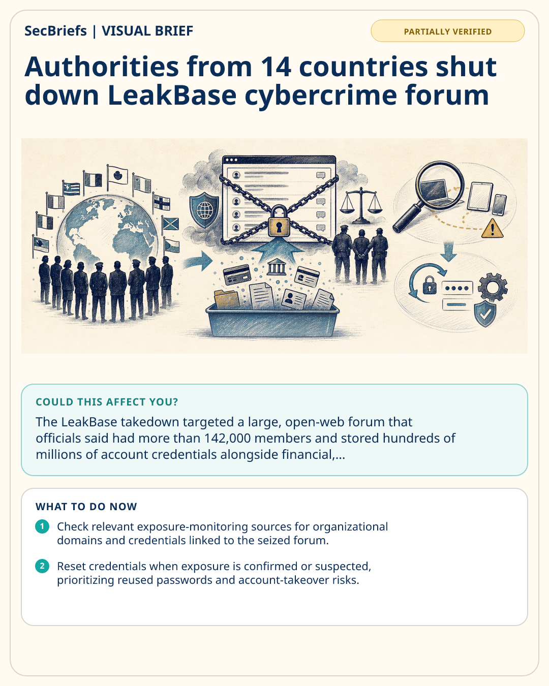 SecBriefs visual brief for Authorities from 14 countries shut down LeakBase cybercrime forum