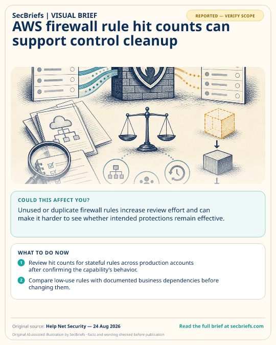SecBriefs visual brief for “AWS firewall rule hit counts can support control cleanup”; source Help Net Security, 24 Aug 2026.