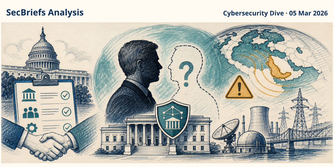 SecBriefs Analysis illustration for “Sean Plankey’s CISA Nomination Reportedly Faces New Uncertainty”; source Cybersecurity Dive, 05 Mar 2026.