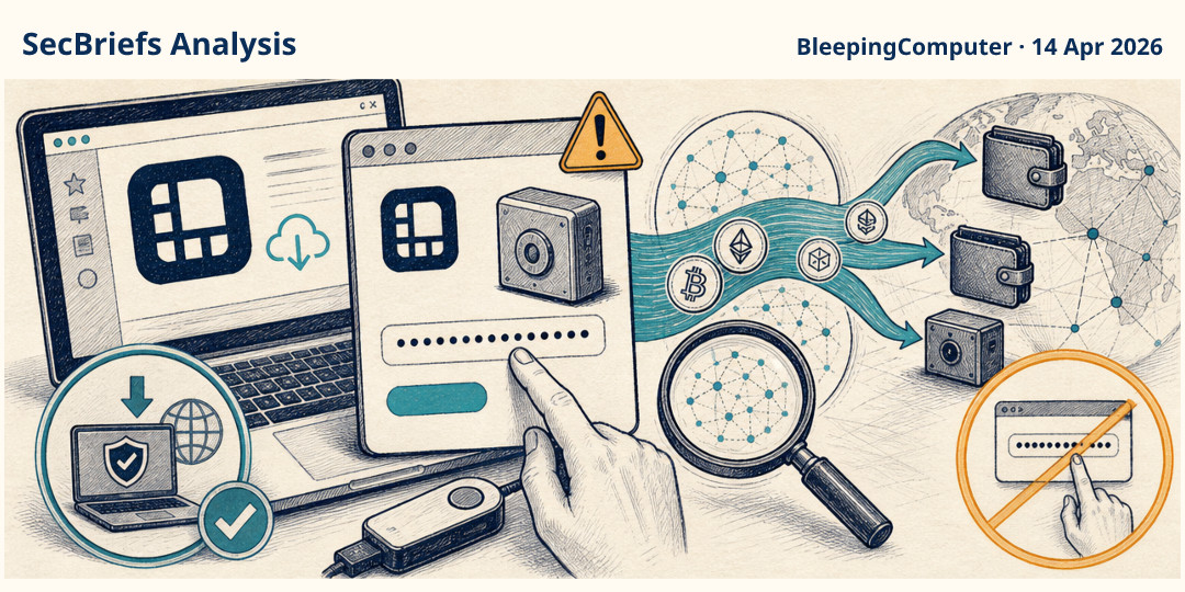 SecBriefs Analysis illustration for “Fake Ledger Live app in Apple’s App Store was linked to $9.5 million in crypto losses”; source BleepingComputer, 14 Apr 2026.