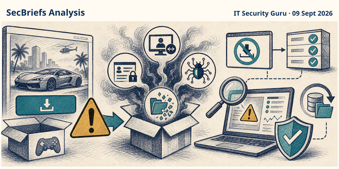 SecBriefs Analysis illustration for “Fake GTA6 downloads bundle remote access, theft, and destructive malware”; source IT Security Guru, 09 Sept 2026.