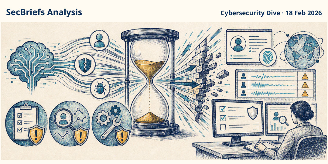 SecBriefs Analysis illustration for “Threat groups use AI to accelerate attacks, Cybersecurity Dive reports”; source Cybersecurity Dive, 18 Feb 2026.