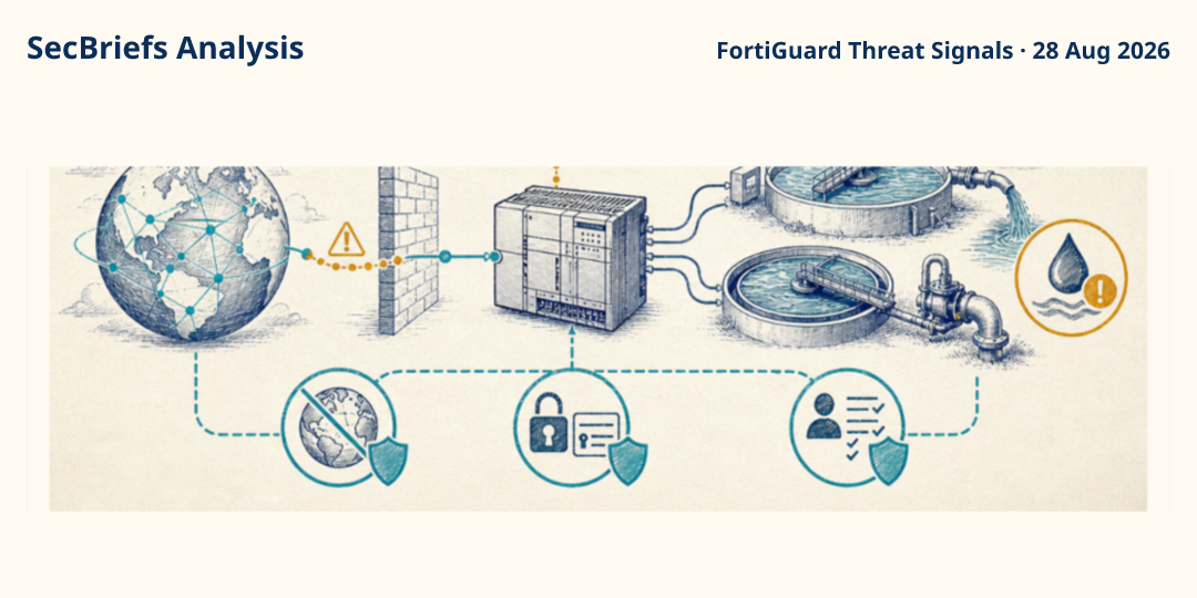 SecBriefs Analysis illustration for “Internet-exposed PLCs targeted in reported water-sector disruptions”; source FortiGuard Threat Signals, 28 Aug 2026.