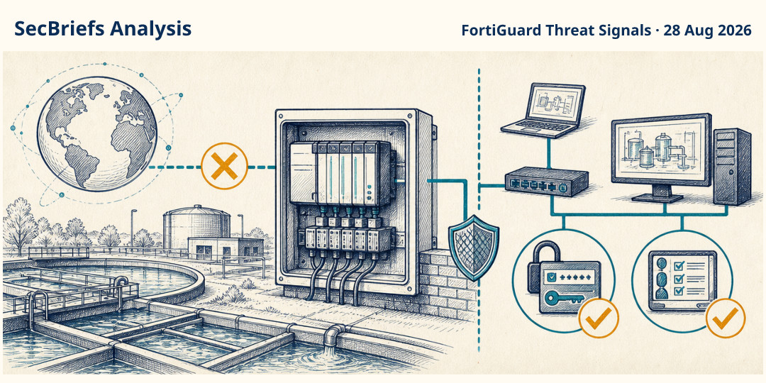 SecBriefs Analysis illustration for “Internet-exposed PLCs targeted in reported water-sector disruptions”; source FortiGuard Threat Signals, 28 Aug 2026.