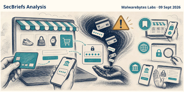 SecBriefs Analysis illustration for “Fake retail sites are collecting payment details and bank confirmation codes”; source Malwarebytes Labs, 09 Sept 2026.