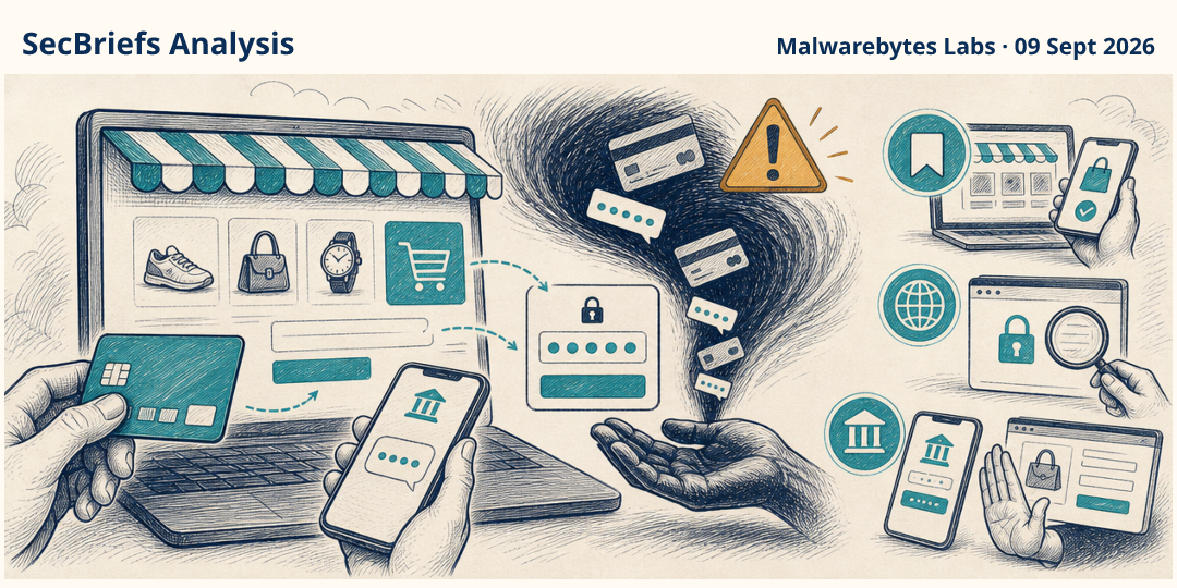 SecBriefs Analysis illustration for “Fake retail sites are collecting payment details and bank confirmation codes”; source Malwarebytes Labs, 09 Sept 2026.