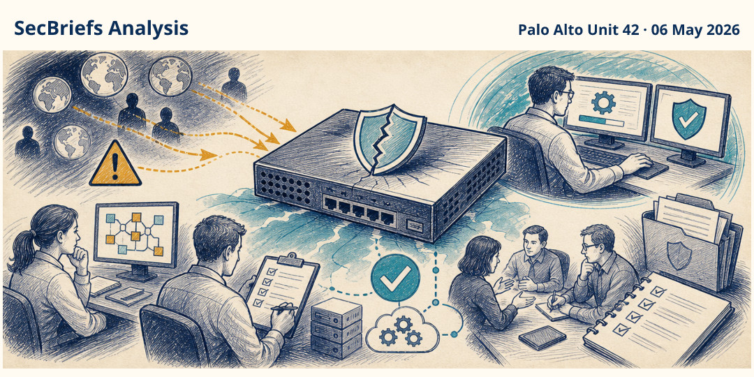 SecBriefs Analysis illustration for “Palo Alto firewall zero-day exploited by likely state-backed attackers”; source Palo Alto Unit 42, 06 May 2026.