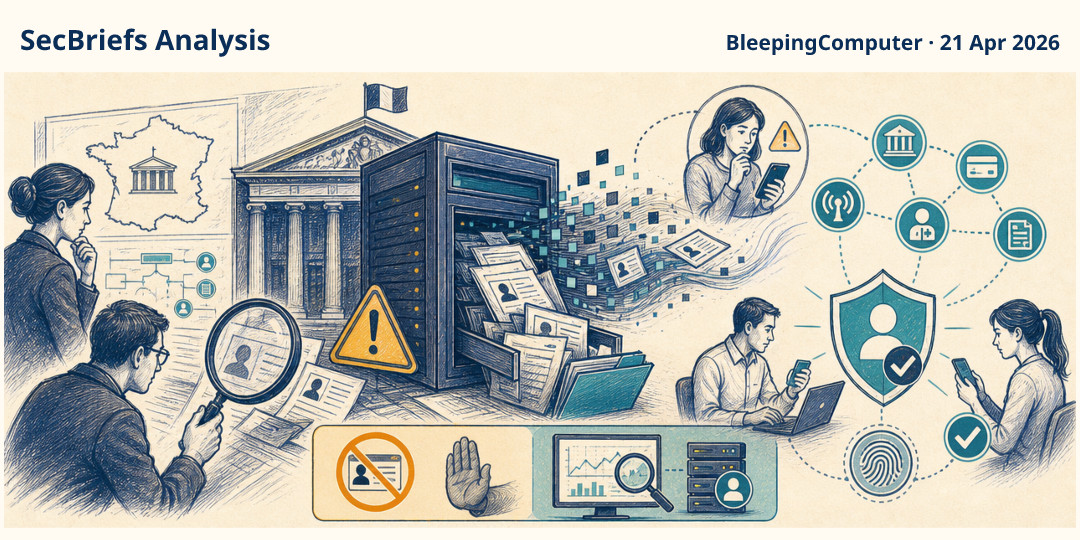 SecBriefs Analysis illustration for “France Titres confirms cyber incident affecting administrative-document data”; source BleepingComputer, 21 Apr 2026.