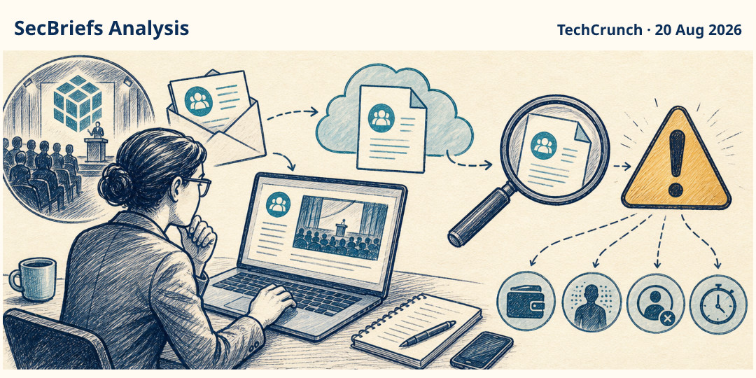 SecBriefs Analysis illustration for “Fake crypto-conference lure targets cybersecurity researchers”; source TechCrunch, 20 Aug 2026.