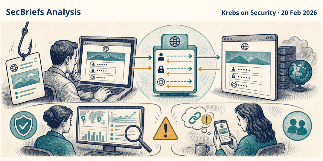 SecBriefs Analysis illustration for “Starkiller Phishing Service Relays Login Credentials and MFA Codes”; source Krebs on Security, 20 Feb 2026.