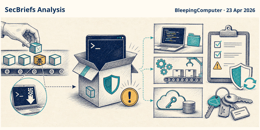 SecBriefs Analysis illustration for “Bitwarden CLI npm package compromise exposed developer credentials”; source BleepingComputer, 23 Apr 2026.