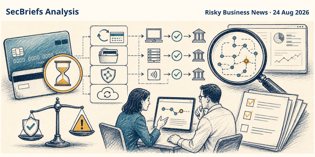 SecBriefs Analysis illustration for “Expired-card abuse claim requires issuer-level validation”; source Risky Business News, 24 Aug 2026.