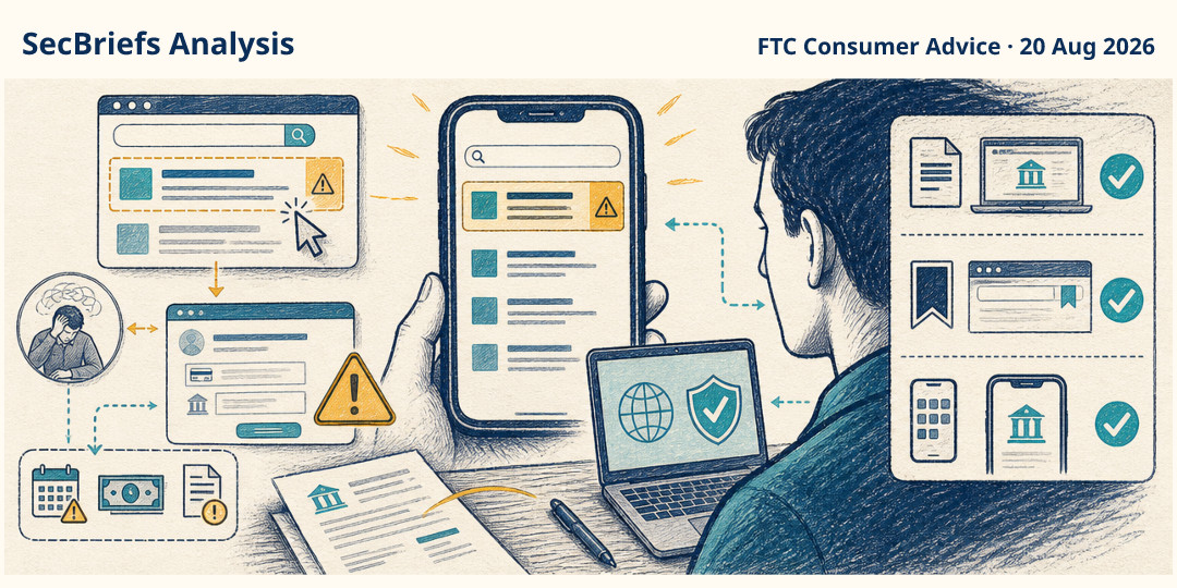 SecBriefs Analysis illustration for “Paid search results can send bill payments to the wrong company”; source FTC Consumer Advice, 20 Aug 2026.