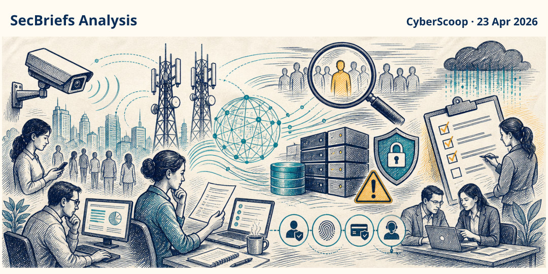 SecBriefs Analysis illustration for “Commercial surveillance tools exploited telecom networks to track people”; source CyberScoop, 23 Apr 2026.