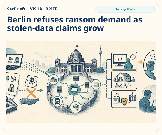 SecBriefs homepage illustration for “Berlin refuses ransom demand as stolen-data claims grow”; source Security Affairs.