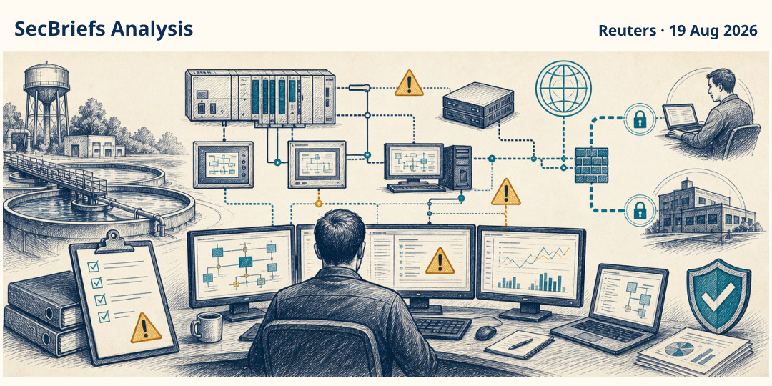 SecBriefs Analysis illustration for “US warns Siemens industrial controllers are being targeted in water-system attacks”; source Reuters, 19 Aug 2026.
