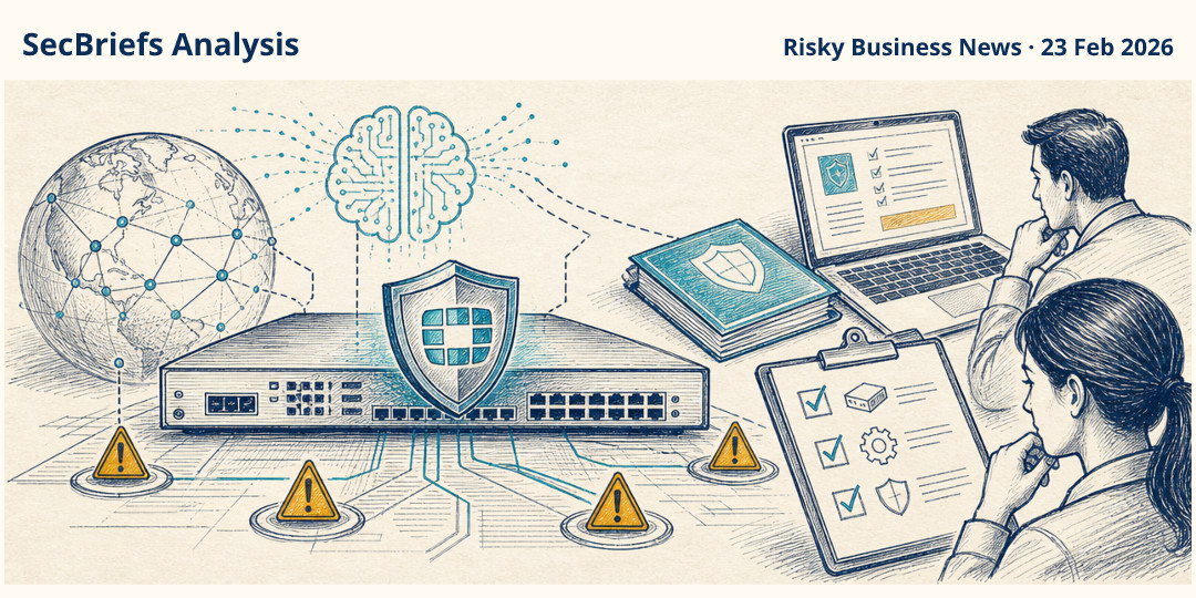 SecBriefs Analysis illustration for “Report: AI-driven campaign breached more than 600 Fortinet devices”; source Risky Business News, 23 Feb 2026.