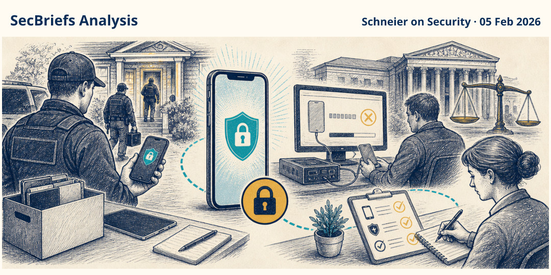 SecBriefs Analysis illustration for “Court Record Says Lockdown Mode Blocked FBI Extraction of Reporter’s iPhone”; source Schneier on Security, 05 Feb 2026.