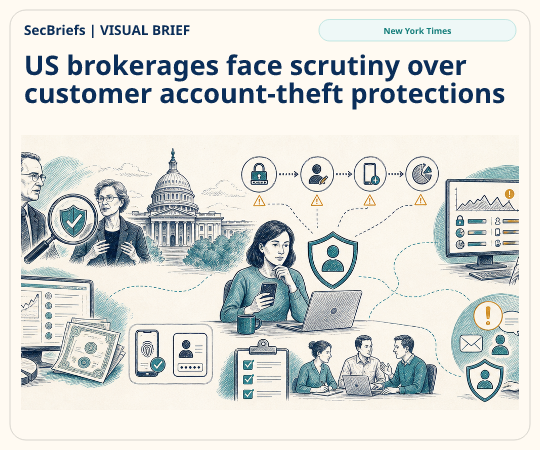 SecBriefs homepage illustration for “US brokerages face scrutiny over customer account-theft protections”; source New York Times.