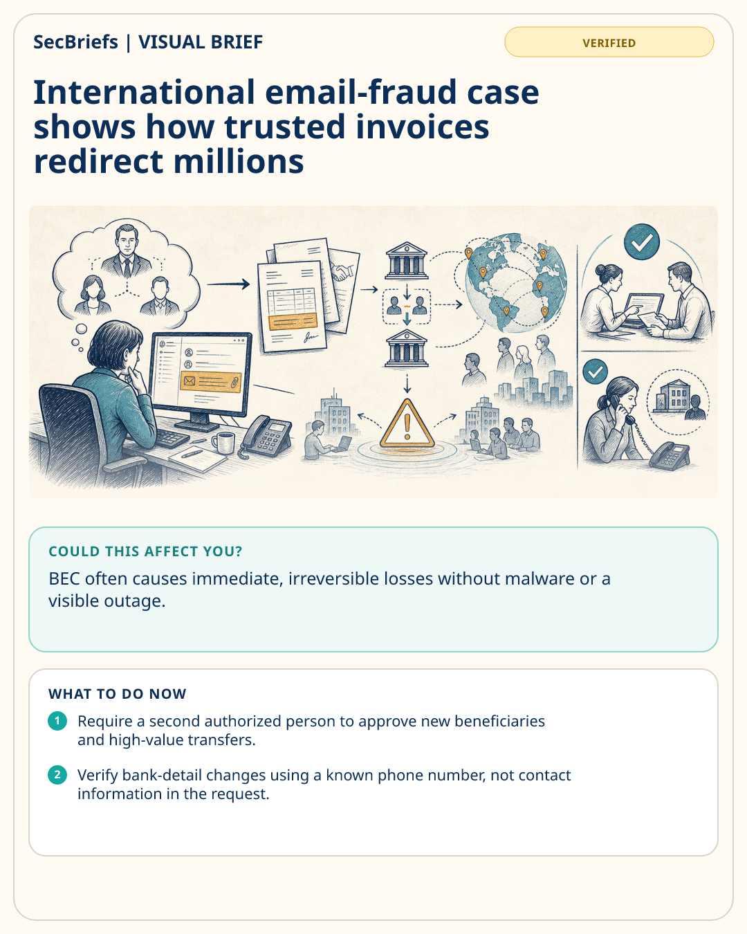 SecBriefs visual brief for International email-fraud case shows how trusted invoices redirect millions