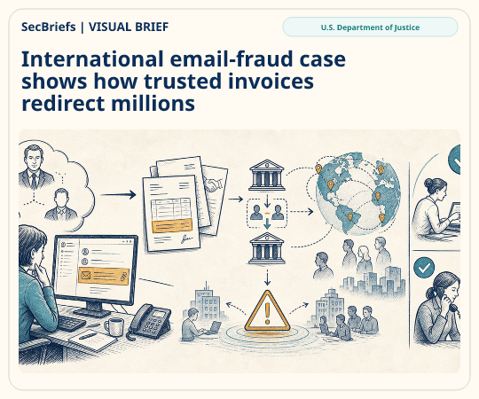 SecBriefs homepage illustration for “International email-fraud case shows how trusted invoices redirect millions”; source U.S. Department of Justice.