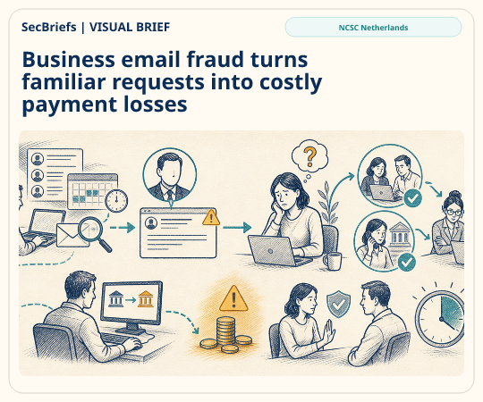 SecBriefs homepage illustration for “Business email fraud turns familiar requests into costly payment losses”; source NCSC Netherlands.