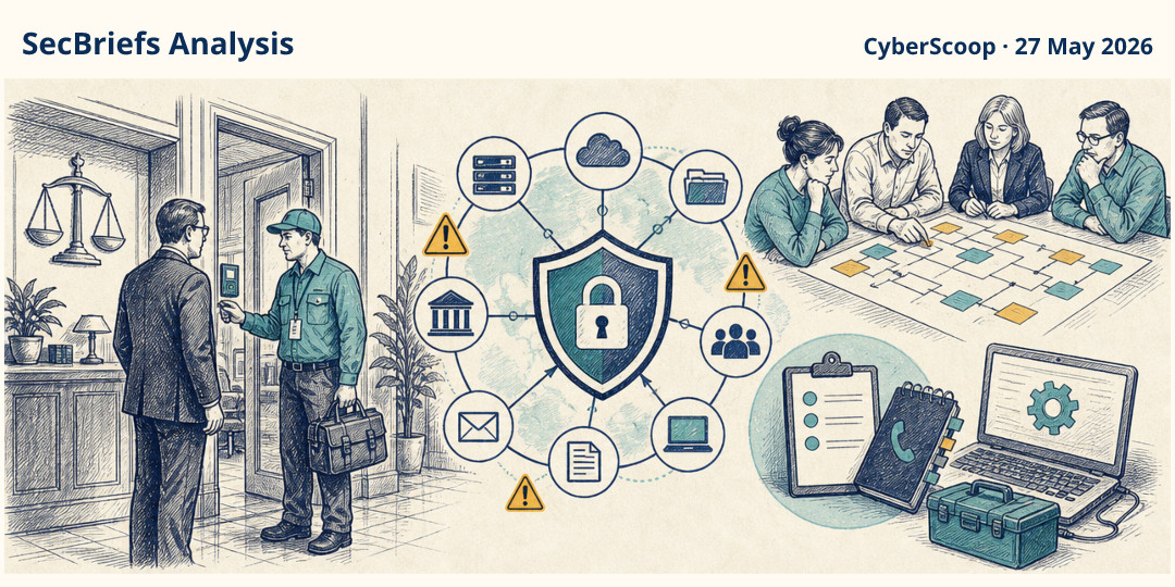 SecBriefs Analysis illustration for “Fake IT technicians are visiting law firms to steal data”; source CyberScoop, 27 May 2026.