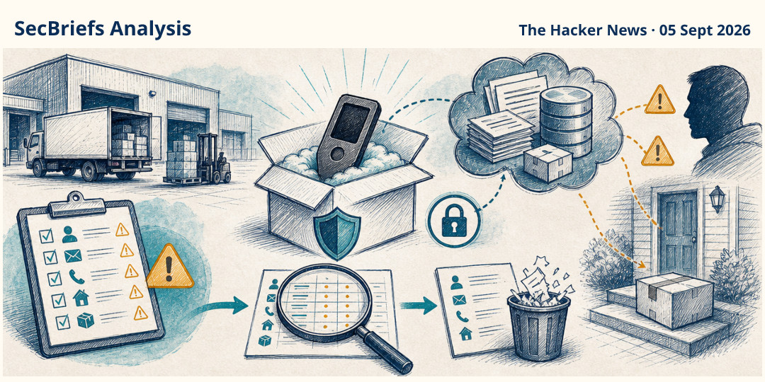 SecBriefs Analysis illustration for “Trezor says shipping-provider breach exposed data on 67,000 additional U.S. customers”; source The Hacker News, 05 Sept 2026.