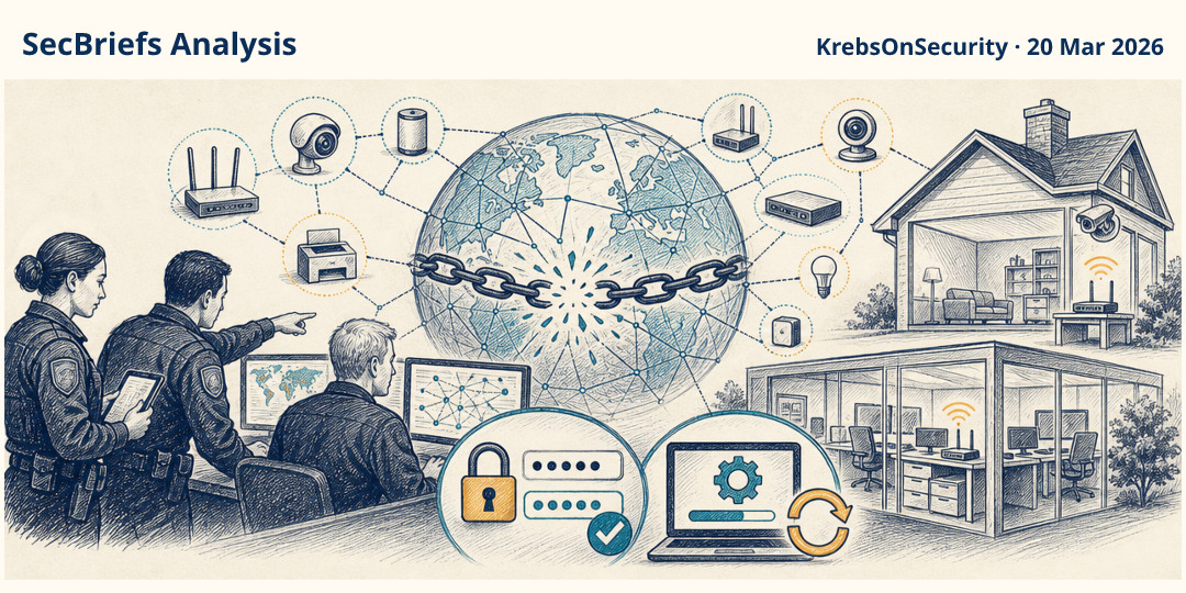 SecBriefs Analysis illustration for “Authorities disrupted botnets built from millions of connected devices”; source KrebsOnSecurity, 20 Mar 2026.