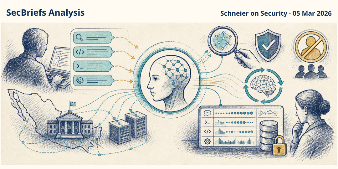 SecBriefs Analysis illustration for “Anthropic Says It Disrupted Use of Claude in Alleged Mexican Government Hack”; source Schneier on Security, 05 Mar 2026.