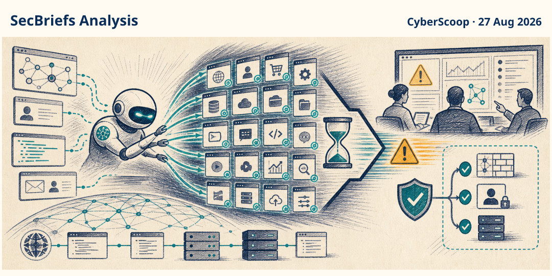 SecBriefs Analysis illustration for “Unit 42 reports agentic AI compressing enterprise attacks”; source CyberScoop, 27 Aug 2026.