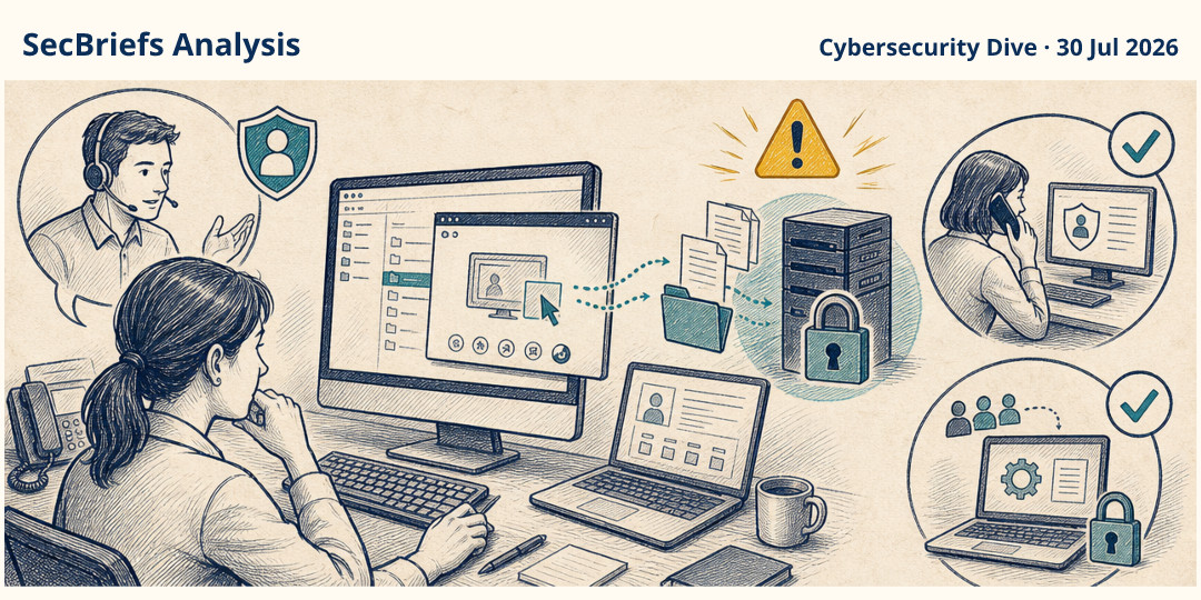 SecBriefs Analysis illustration for “Fake IT support calls in Microsoft Teams can end in ransomware”; source Cybersecurity Dive, 30 Jul 2026.