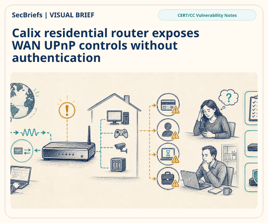 SecBriefs homepage illustration for “Calix residential router exposes WAN UPnP controls without authentication”; source CERT/CC Vulnerability Notes.