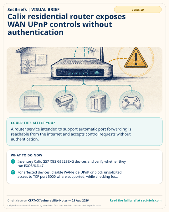 SecBriefs visual brief for “Calix residential router exposes WAN UPnP controls without authentication”; source CERT/CC Vulnerability Notes, 21 Aug 2026.