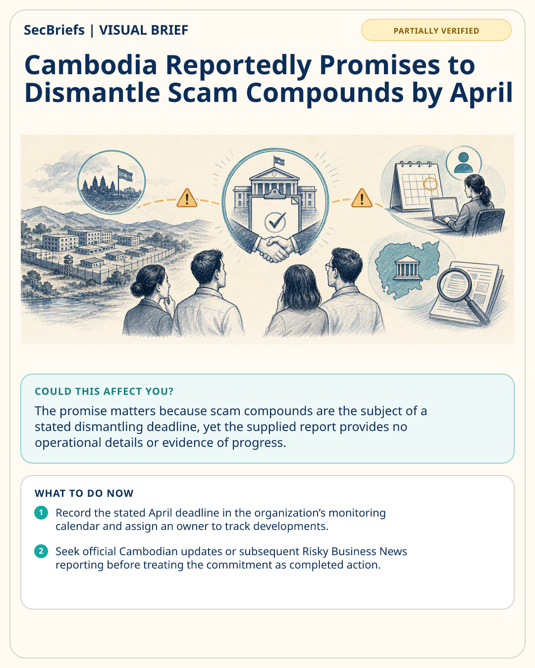 SecBriefs visual brief for Cambodia Reportedly Promises to Dismantle Scam Compounds by April
