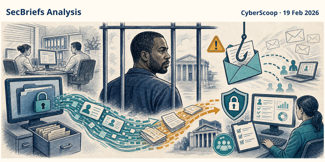 SecBriefs Analysis illustration for “Man sentenced to eight years in tax refund fraud case”; source CyberScoop, 19 Feb 2026.