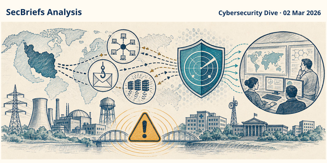 SecBriefs Analysis illustration for “Researchers warn of elevated Iran-linked cyber threat to the US and allies”; source Cybersecurity Dive, 02 Mar 2026.