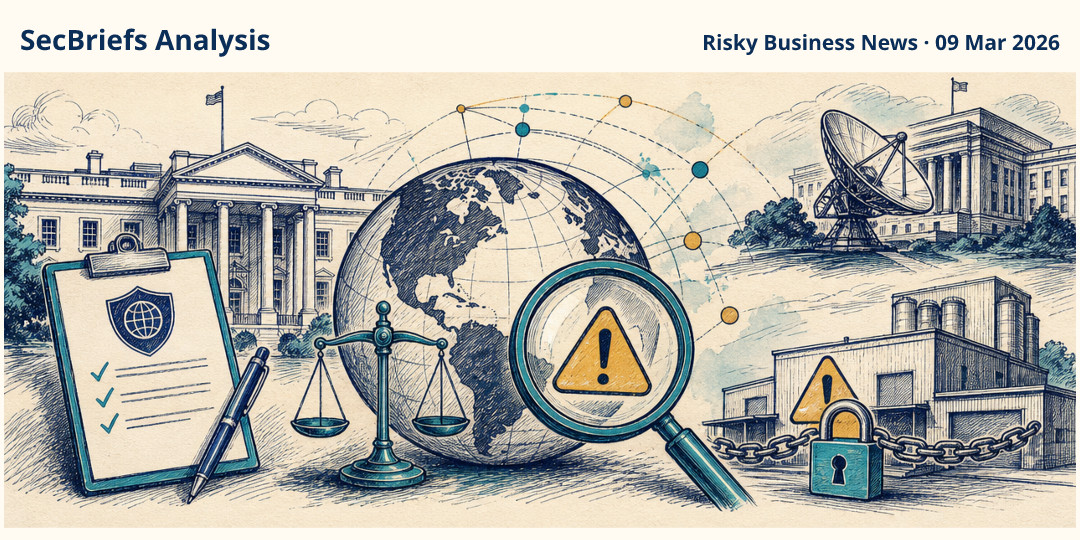 SecBriefs Analysis illustration for “Risky Business bulletin highlights scams, cybercrime and major incidents”; source Risky Business News, 09 Mar 2026.