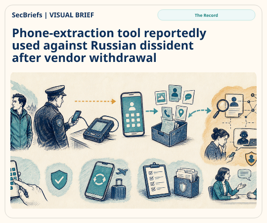 SecBriefs homepage illustration for “Phone-extraction tool reportedly used against Russian dissident after vendor withdrawal”; source The Record.