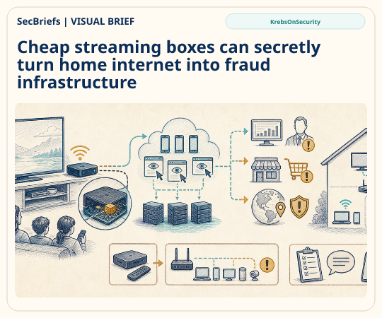 SecBriefs homepage illustration for “Cheap streaming boxes can secretly turn home internet into fraud infrastructure”; source KrebsOnSecurity.