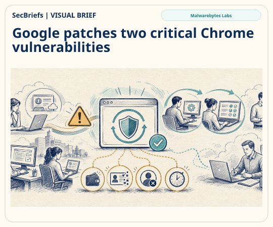 SecBriefs homepage illustration for “Google patches two critical Chrome vulnerabilities”; source Malwarebytes Labs.