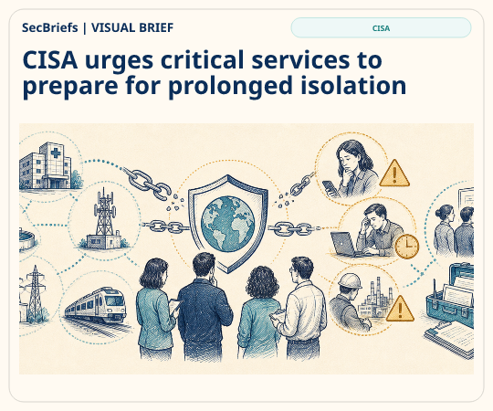 SecBriefs homepage illustration for “CISA urges critical services to prepare for prolonged isolation”; source CISA.