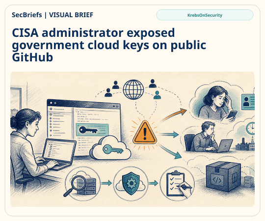 SecBriefs homepage illustration for “CISA administrator exposed government cloud keys on public GitHub”; source KrebsOnSecurity.