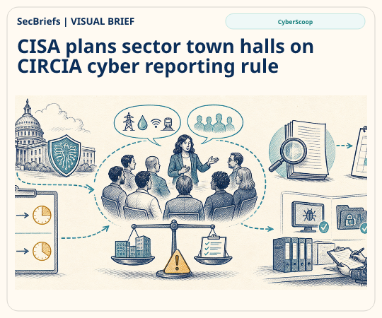 SecBriefs homepage illustration for “CISA plans sector town halls on CIRCIA cyber reporting rule”; source CyberScoop.