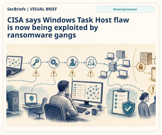 SecBriefs homepage illustration for “CISA says Windows Task Host flaw is now being exploited by ransomware gangs”; source BleepingComputer.
