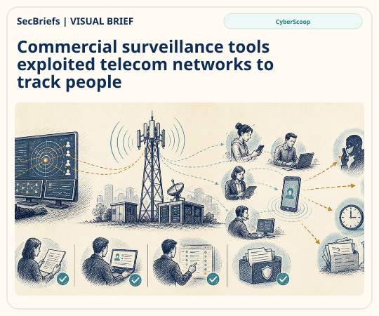 SecBriefs homepage illustration for “Commercial surveillance tools exploited telecom networks to track people”; source CyberScoop.
