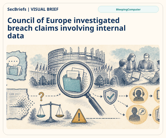 SecBriefs homepage illustration for “Council of Europe investigated breach claims involving internal data”; source BleepingComputer.