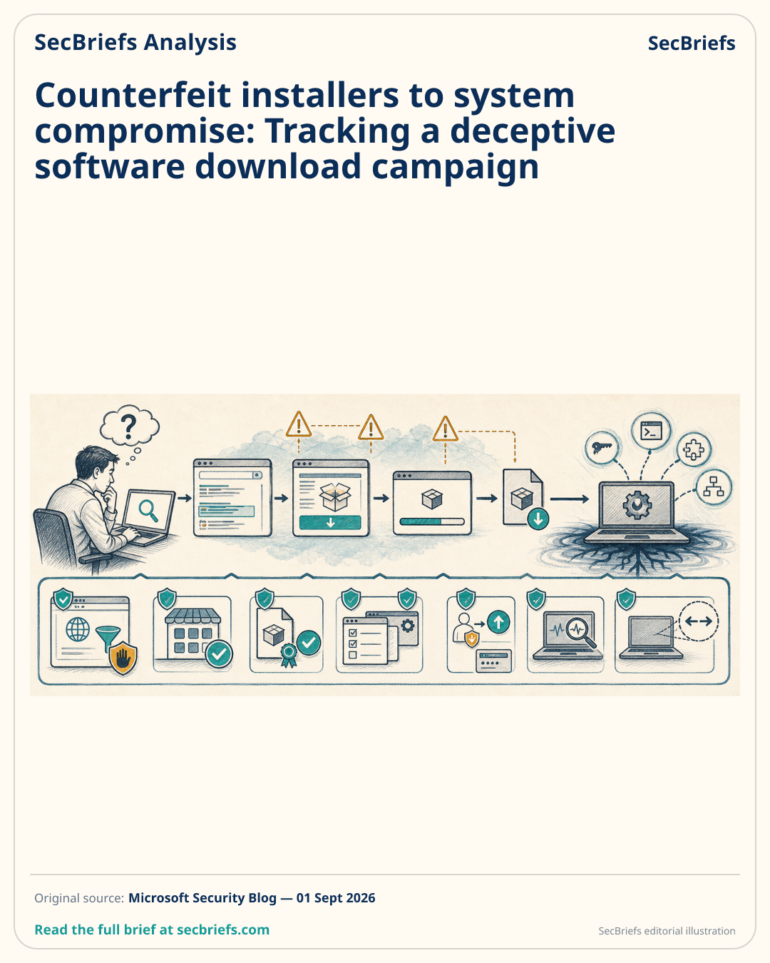 SecBriefs homepage illustration for “Counterfeit installers to system compromise: Tracking a deceptive software download campaign”; source Microsoft Security Blog.