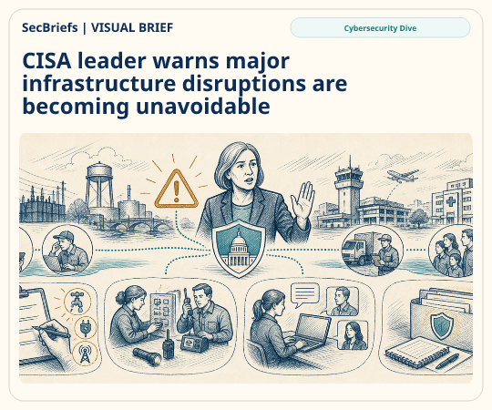 SecBriefs homepage illustration for “CISA leader warns major infrastructure disruptions are becoming unavoidable”; source Cybersecurity Dive.