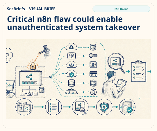 SecBriefs homepage illustration for “Critical n8n flaw could enable unauthenticated system takeover”; source CSO Online.